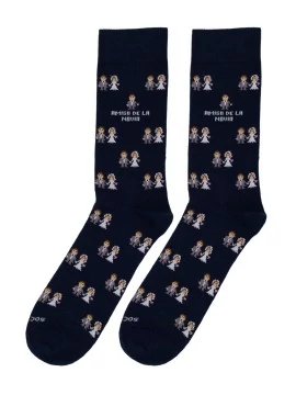 Socksandco-Socken mit dem Design des Bräutigams und dem Detail "Freund der Braut" in Marineblau