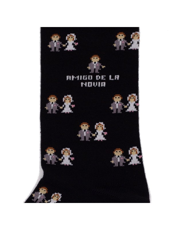 Socksandco socks with bride and groom design and friend of the groom detail in black