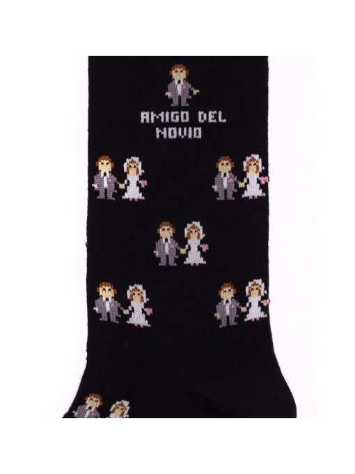 Socksandco socks with bride and groom design and amigo del novio detail in black